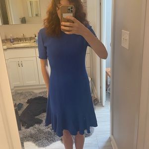 Vintage brides made dress royal blue frilly hem puff shoulders nineties midi 80s